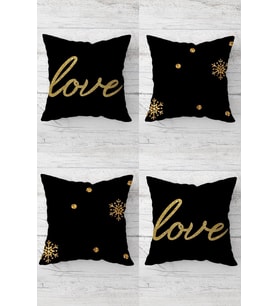 Gold Love Ve Kar Tanesi Desenli Gizli Fermuarlı Kırlent Kılıfı Koltuk Yastık Kılıfı Takım(4adet)