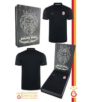 Galatasaray Orijinal Lisanslı Polo Yaka Siyah Spor T-Shirt Ahşap Kutulu (Siyah-Gri)