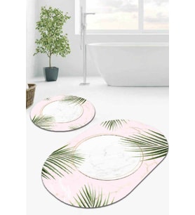 Pudra Yapraklı Banyo Halısı Klozet Oval Paspas Seti BS093