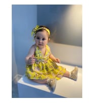 MODAVALS LİMON SARI KARDEŞ KOMBİN ÇİÇEKLİ KIZ ÇOCUK ELBİSE & BANDANA KOMBİN