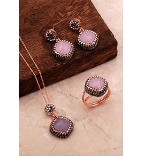 Pembe Kuvars Taşlı Rose Gümüş Set 2709