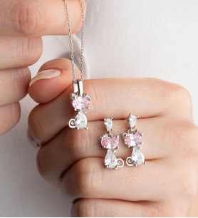 925 Ayar Gümüş Pembe Taşlı Kedi Kolye Küpe Seti