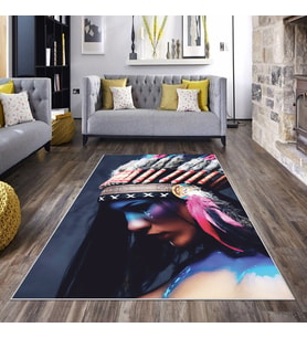 Çok Renkli Kızılderili Kız Desen Yıkanabilir Kaymaz Taban Leke Tutmaz Modern Salon Halısı ve Yolluk
