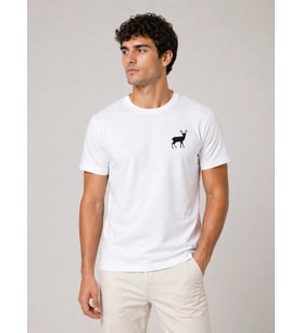 Erkek Minimal Geyik Logolu Tişört Bisiklet Yaka Kısa kol Yazlık T-Shirt - Beyaz