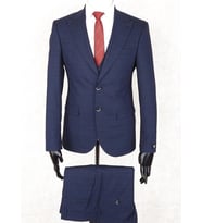 Jan Carlucci Slim Fit Sivri Yaka-Çift Yırtmaç Lacivert Kareli  Drop 6 Yelekli Takım Elbise