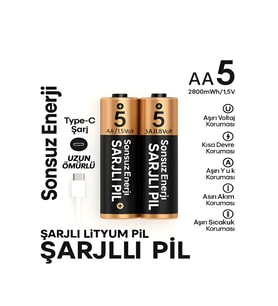 Type-C Şarjlı 2800mWh 1.5V Şarj Edilebilir 2'li AA Kalın Pil - lityum iyon Batarya