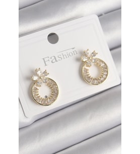 Pirinç Gold Renk Zirkon Taşlı Halka Model Çiçek Figür Kadın Küpe - TJ-BKP9762 TG-V 7716