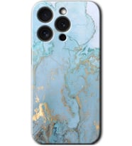 İphone 15 Pro Max Kılıf HD Desen Baskılı Kılıf - Mavi Gold Mermer