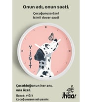 İsme Özel Sevimli Köpek ile Kelebek Çocuk Odası Duvar Saati Orta Boy 30 cm Beyaz Camlı Sessiz