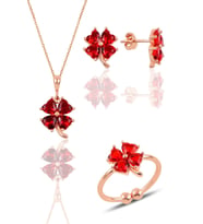 Gümüş rose kırmızı taşlı yonca kolye küpe ve yüzük üçlü set SGTL11664KIRMIZI