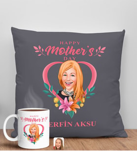 BK Gift Kişiye Özel Karikatürlü Anneler Günü Tasarımlı Antrasit Kırlent Yastık ve Kupa Seti, Anneye Hediye, Ev Dekorasyonu, Anneler Günü Hediyesi-5