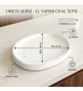 Orion Serisi El Yapımı Kırılmaz Oval Sunum Tepsisi (23x30 cm) - Eskitme Beyaz