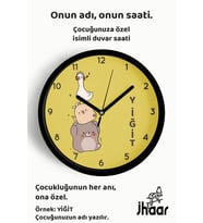 İsme Özel Sevimli Hayvanlar Çocuk Odası Duvar Saati Orta Boy 30 cm Siyah Camlı Sessiz