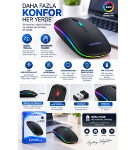 Kablosuz Şarjlı Sessiz Tıklamalı Ergonomik Mouse