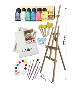 Akrilik Boya Resim Seti Artdeco 6 Ana Renk 75 ml Akrilik Boya Şövalye 2 Tuval 25x35 Fırça Spatula Şövale 