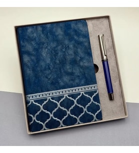 Mavi Termo Deri Defter Ve Metal Roller Kalem Seti