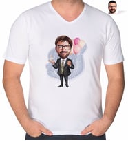 BK Gift Kişiye Özel Erkek Doğum Günü Karikatürlü V Yaka Tişört-3 (Beyaz)