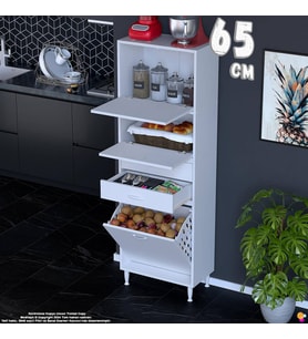 Eliusta Irmak 65 cm Sepetli Çok Amaçlı Üst Çift Kapaklı 2 Çekmeceli Mutfak Kiler Banyo Dolabı 65x181x32 cm