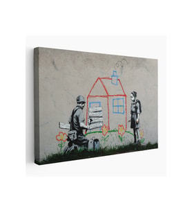 Bansky Çocuğun Çizdiği Evin Kapısını Kapatan Adam Kanvas Tablo-5019