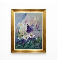 Tablore Altın Çerçeveli Yağlı Boya Dokulu Papatya ve Kelebek Tablosu - Viola Sado İmzalı Reproduksiyon Duvar Dekoru