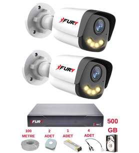 FURY 2 Kameralı 4 Warm Led Gece Renkli Görüş-Cepten İzle-Su Geçirmez Güvenlik Kamerası Seti 500GB