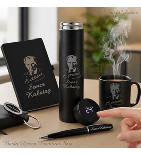 İsme Özel Premium Tasarım Mustafa Kemal Atatürk Logo Seçeneğiyle Dereceli Çelik Termos,  Kupa Bardak, Defter, Kalem, Anahtarlık  Erkek Kadın Hediye Seti