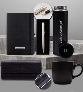 Kişiye Özel 500 ML Dereceli Termos & Hakiki Deri Unisex Portföy Cüzdan & Defter & Premium Roller Kalem & Kupa Premium Hediye Seti (Siyah)