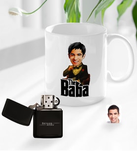 BK Gift Kişiye Özel Babalar Günü Hediyesi Godfather Baba Karikatürlü Kupa Bardak ve Benzinli Çakmak Seti-3 (Model 1)