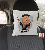 BK Gift Kişiye Özel İsimli Kadın Mezun Karikatürlü Kare Araç Koltuk Yastığı-1