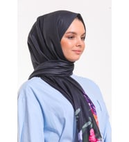 Çiçekli Desen Pavia Seri Şal Eşarp Askısı ile Birlikte 90X200 cm Füme İndigo-90X