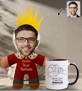BK Gift Kişiye Özel Fotoğraflı Kral Babam Tasarımlı Bebek Yastık-1 & Siyah Kupa Bardak Hediye Seti-11, Babalar Günü Hediye, Babaya Hediye