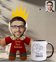 BK Gift Kişiye Özel Fotoğraflı Kral Babam Tasarımlı Bebek Yastık-1 & Siyah Kupa Bardak Hediye Seti-11, Babalar Günü Hediye, Babaya Hediye