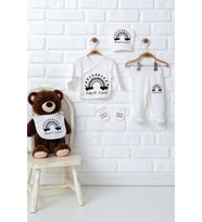 Pia Baby Premium %100 Pamuk 5’li Zıbın Set  İsme Özel Hastane Çıkışı Yenidoğan Bebek Hediyesi 5085-08 (Ekru)