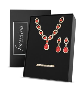Forentina Sarı Renk Kırmızı Taşlı Kolye Küpe Bileklik Takı Seti PS2792