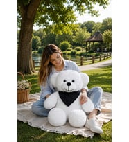 Bubblebear Fularlı Beyaz Peluş Ayıcık Sevimli ve Yumuşak Büyük Oyuncak Ayı (Siyah)