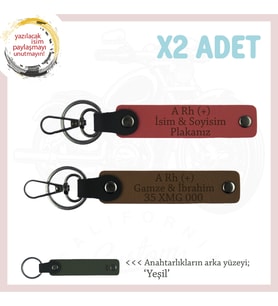 Biker Stiline Özel İsim Plaka ve A Rh (+) Kan Grubu Yazılı  x2 Anahtarlık Set, Nar Çiçeği-Kahve-Ysl (Çok Renkli)