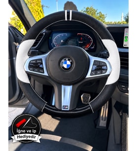 BMW X5 F15 Dikme Direksiyon Kılıfı Delikli Deri Parlak Siyah Beyaz Detay Çift Yüzük ve Dikiş 2013-2018
