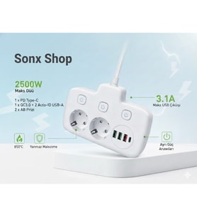 2500W Güçlü Akım Korumalı 3 USB + Type-C Portlu Çoklu Priz  Hızlı Şarj, Çocuk Kilidi, 850°C Yanmaz Malzeme