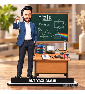 Kişiye Özel Erkek Fizik Öğretmeni Karikatürlü 18 cm MDF Masaüstü Biblo - Öğretmen Hediyesi Öğretmene Özel Hediye