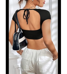 Fantezia Night Kadın Siyah Sırt Dekolteli ve Boyundan Bağlamalı Yarım Kol Crop Top Bluz