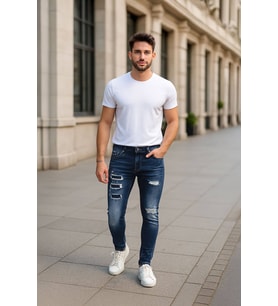 Erkek Skinny Fit  Destroy Koyu Mavi