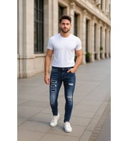 Erkek Skinny Fit  Destroy Koyu Mavi