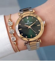 Yeni Model Kesme Camlı Çelik Bilezik Altın/Metalik Yeşil Kadran Kadın Kol Saati + Bileklik