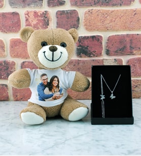 Kişiye Özel Peluş Ayıcık  Beyaz Kelebek kolye bileklik Set