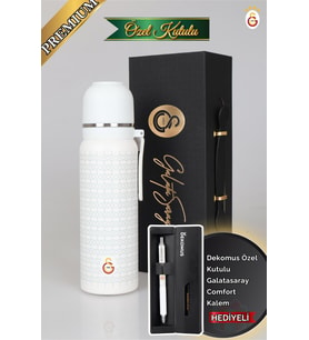 DEKOMUS İLE LİSANSLI GALATASARAY 650 ML BARDAKLI ÇELİK TERMOS "ÖZEL KUTULU COMFORT KALEM HEDİYELİ" (Siyah)