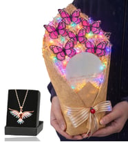 Renkli Led Işıklı Aynalı Kelebek Buketi ve Renkli Zümrüdü Anka Kuşu Kolye (Pembe)