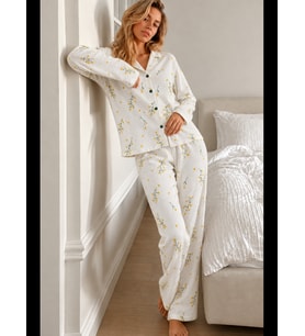 Night Kırmızı Kadın Gömlek Yaka Düğmeli Pijama Takımı