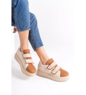 VALENCIA Bağcıksız Cırt Cırtlı Ortopedik Taban Kadın Sneaker Spor Ayakkabı CTT - Ten/Kahve
