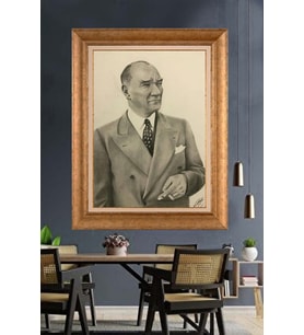Altın Varaklı Çerçeveli Paspartulu Atatürk Tablo nh266 (Gold)