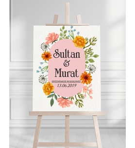 Söz Nişan Düğün İçin 50x70 Karşılama Panosu - Renkli Çiçek Tasarımlı 005